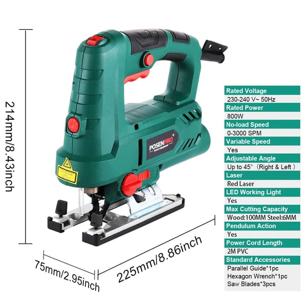 Sticksåg, 800W Motor, 6 Hastighetsinställningar,EU