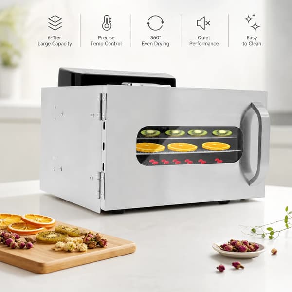 Matdehydrator, 6 brickor, 400W effekt, 220V spänning, justerbar temperatur 30-85℃, timer 0,5-24h