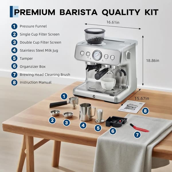 Espresso Kaffemaskine, Indbygget Kværn, Mælkeskummer,Sølv