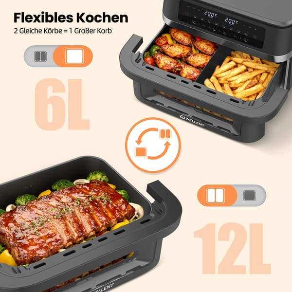 Luftfrituregryde, 12L kapacitet, 2950W effekt, dobbeltgryde design, temperaturinterval 80-200 ℃, tidsinterval 0-60 minutter
