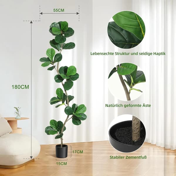 Konstgjord Fiddle Leaf Fig Träd, S-formad Stam, Ingen Underhåll,5ft