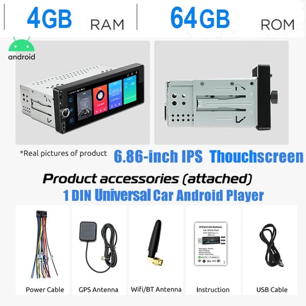 Bilstereo, Pekskärm, USB Typ-C-ingång,4-64G Carplay
