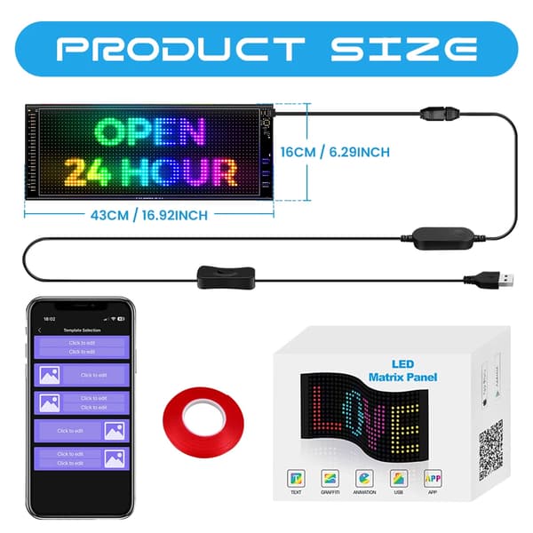 LED Programmerbar Skilt, APP Kontrol, Tilpassede Tekstfunktioner,16x43CM