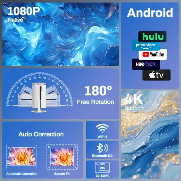 Projektor, 4K Understøttelse, Bluetooth Kompatibel,K10 Pro EU