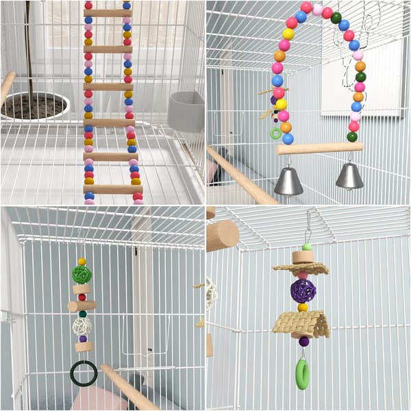 Fuglebur, Rummelig Design, Inkluderer Siddepinde og Legetøj,Hvid