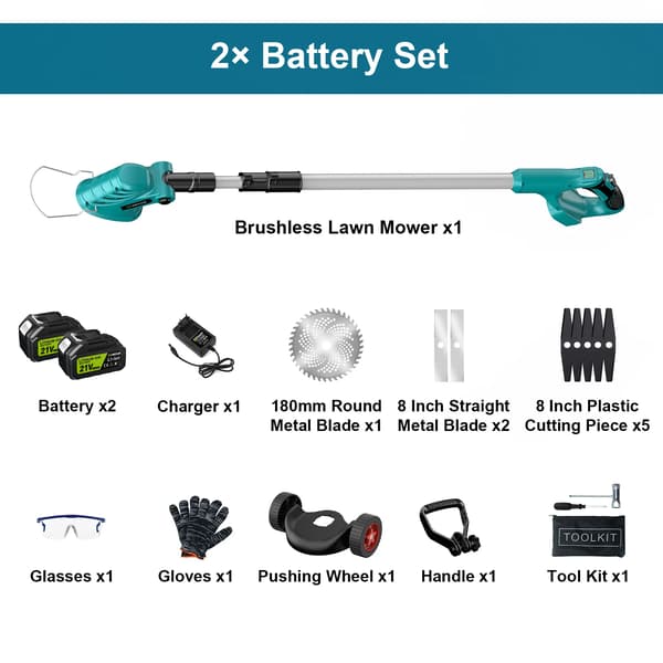 Elektrisk gräsklippare, trådlös, justerbar längd, 2 batterier