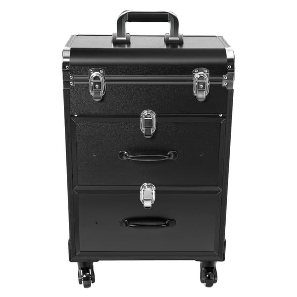 Makeup Train Case, Bærbar Trolley med Hjul, 3 Store Skuffer,sort
