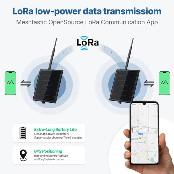 LoRa Node, Solcelledet, Mesh-netværk aktiveret, Kompatibel med Meshtastic, Plads til 2 x 18650 batterier, 5W solpanel