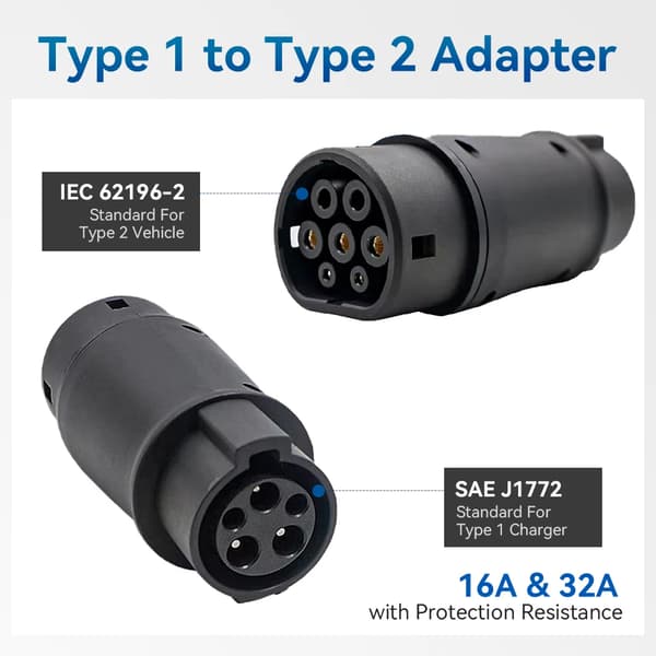 Elbiladapter, Typ 1 till Typ 2, Vattentålig Design, Typ1 till Typ2
