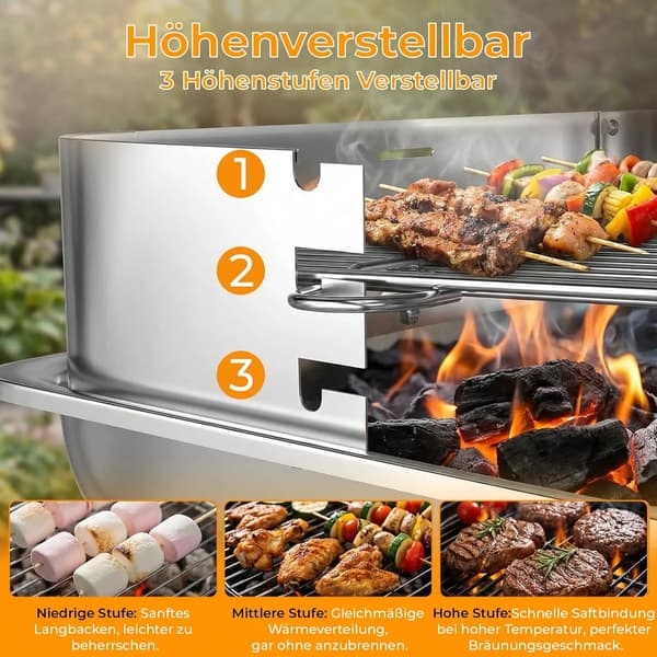 Kulgrill, Justerbar Højde, Pladsbesparende Design,sølv