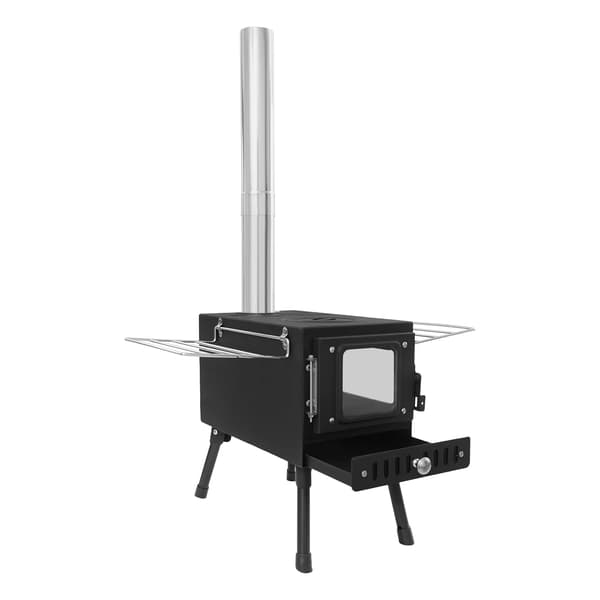 Campingkök, ved- och kolbränsle, lättviktsdesign,svart