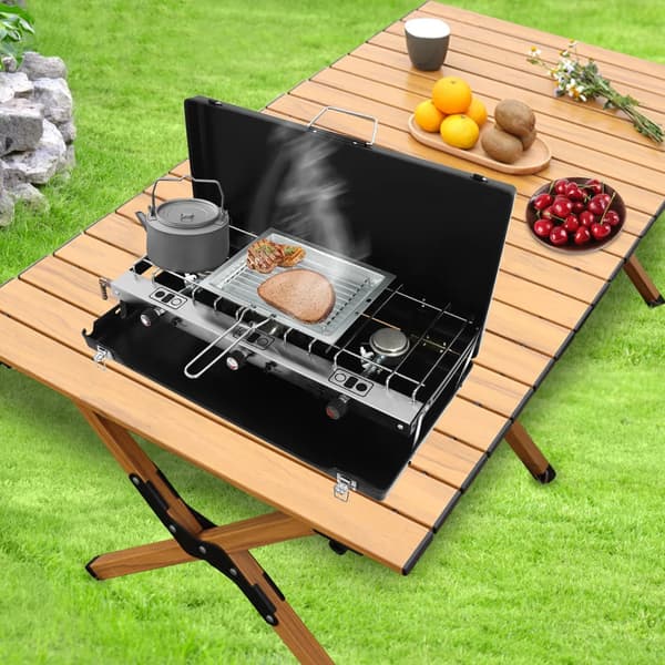Campingkomfur, 3 Brændere, Sammenklappeligt Design,sort