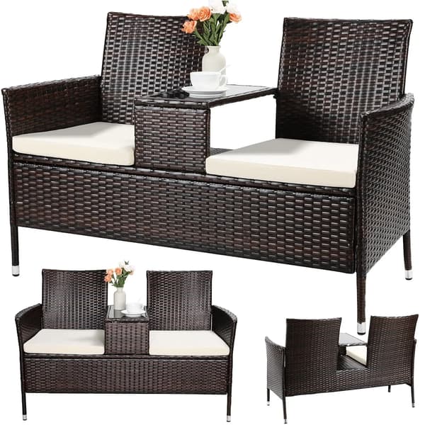 Have Sofa, To Sæder, Polyrattan Materiale,Brun-beige pude