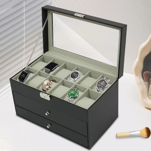 Smykkeskrin Organizer, 12 Ur Slots, 2 Skuffer,sort