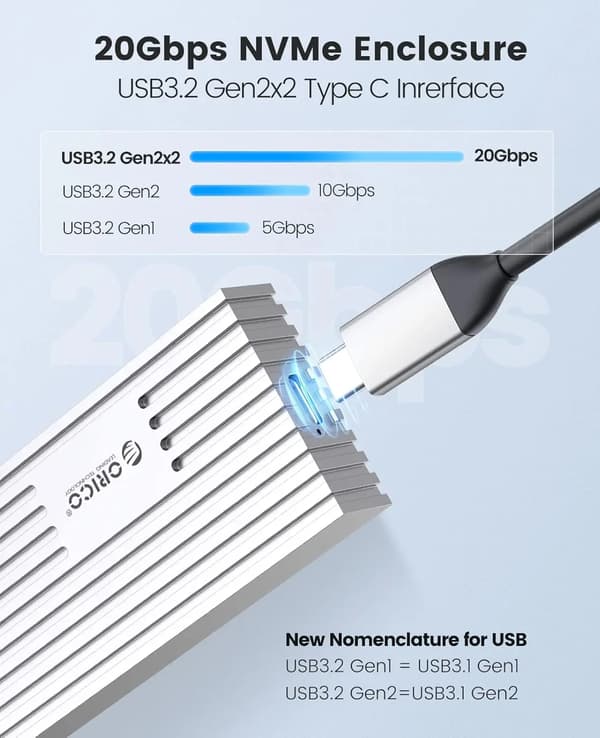 NVM Express SSD Kabinet, 20Gbps Overførselshastighed, Aluminium Design,Sølv