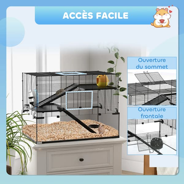 Hamsterbur, rummelig multi-niveau design, inkluderer essentielle tilbehør,sort