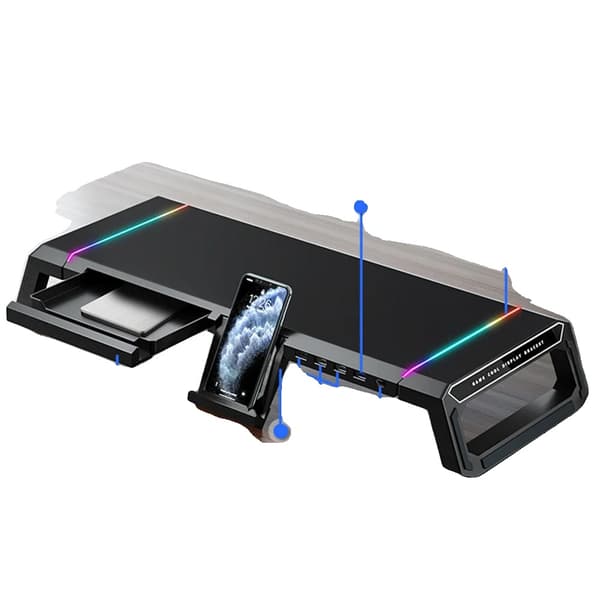Monitorställ, USB-laddningsportar, ergonomisk design,svart