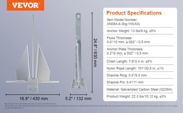 Fluke Anker Kit, Inkluderer Kæde og Reb, Sikre Krog,13pund