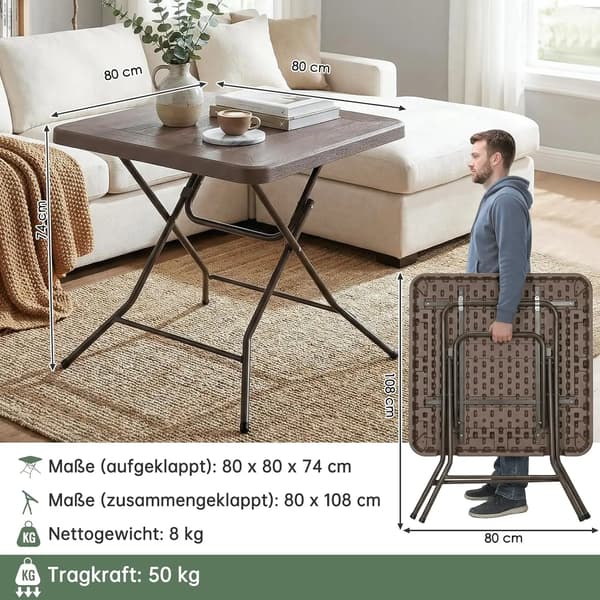 Foldbart Bord, Stålramme, Bærbart og Robust,Kvadrat 80cm Brun