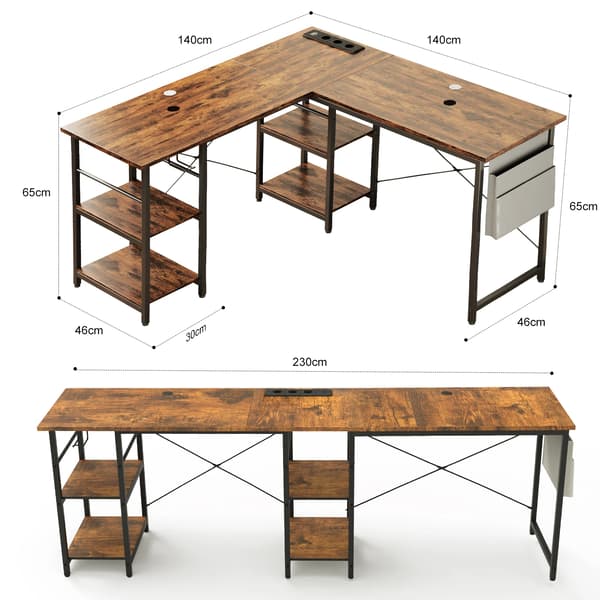 Skrivebord, L-formet design, integreret strømhub,Brun