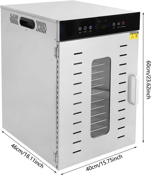 Maddehydrator, Rustfrit Stål, 16 Bakker, 30-90°C Temperaturinterval, 1350W Effekt, 0-24H Timer