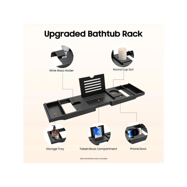 Bambus Badekar Caddy, Udvidelig Design, Enhedsholdere,sort