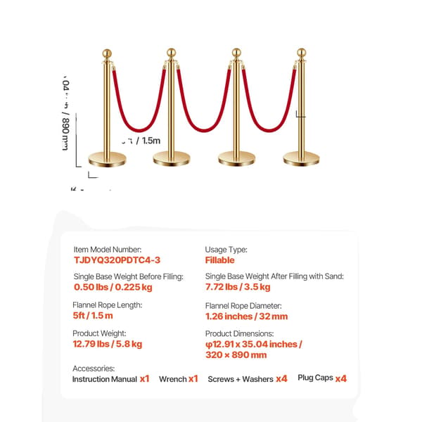 Folkkontrollstolpar, Fyllbar Bas, Hållbara Sammetssnören,Guld 4 Pack 3 Rep