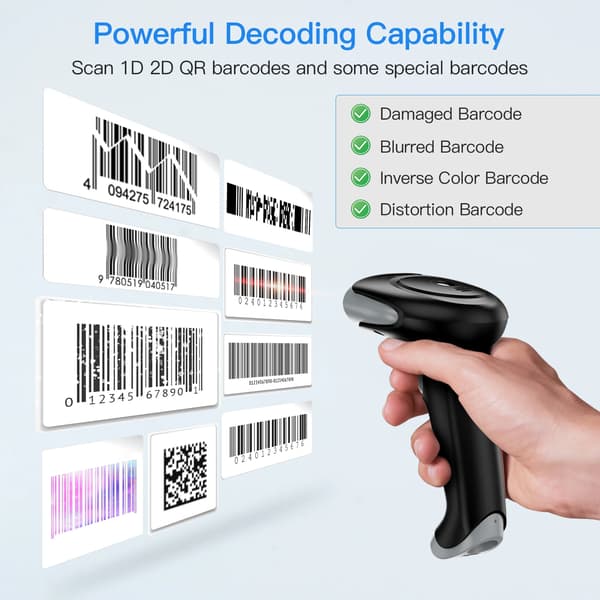 Stregkodescanner, Trådløs og USB-forbindelse, Ergonomisk design,2.4G trådløs scanner