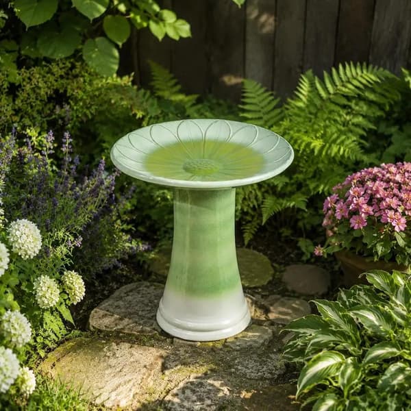 Fågelbad, Blomsterreliefdesign, Hållbar Keramisk Konstruktion,armégrön