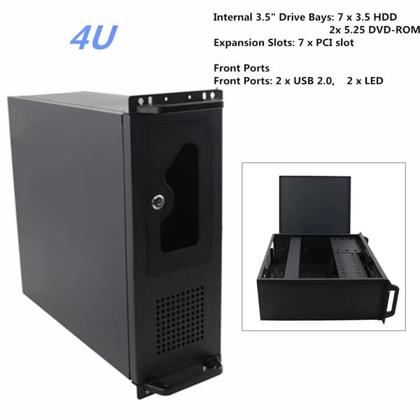 Serverchassi, Full Tower, 4U Formfaktor, 17,72 x 16,93 x 6,97 tum, Stöder ATX/Micro-ATX/Mini-ITX, 7 PCI-expansionsplatser