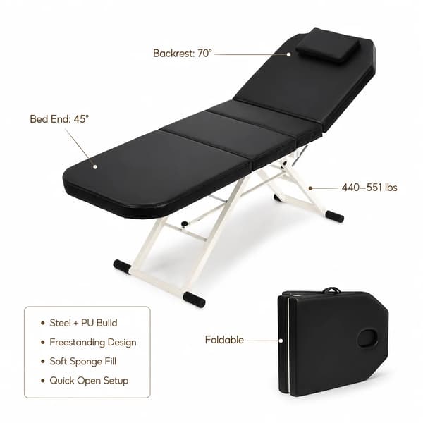 Massagebord, Sammenklappeligt Design, Justerbar Rygstøtte,sort