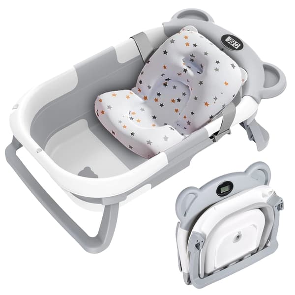 Babytub, Fällbar Design, Integrerad Termometer,Grå