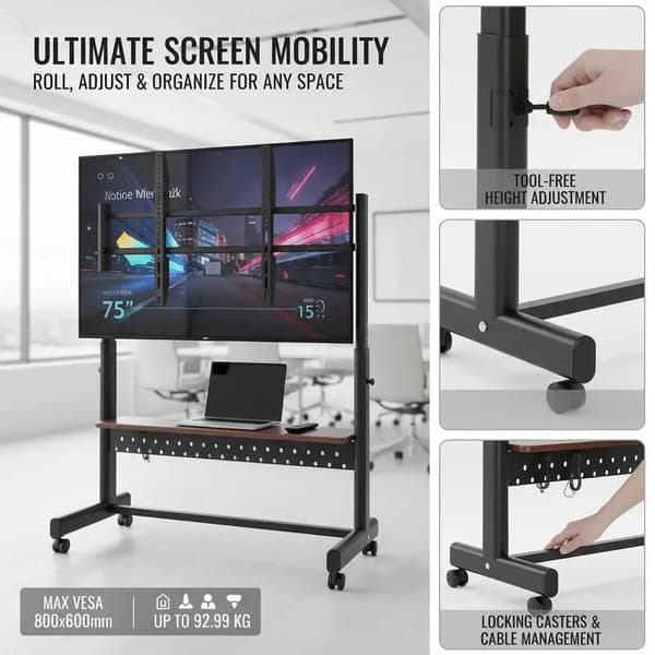 TV-ställ, Höjdjusterbart, Rullande Design,svart