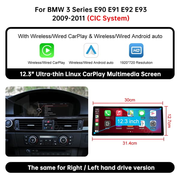 Trådløs Carplay, Multimedia Display Skærm, Touch Skærm, Multi-Sprog Support, 12.3 E90 CIC