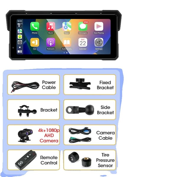 Motorcykel Touch Display, GPS-navigering, Bluetooth-anslutning,8.1 tum DVR_TMPS_controller