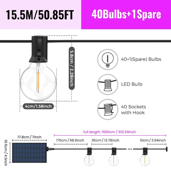 LED Solcellsljusslinga, Fjärrkontroll, Dimbar, 15.5m 40 lampor
