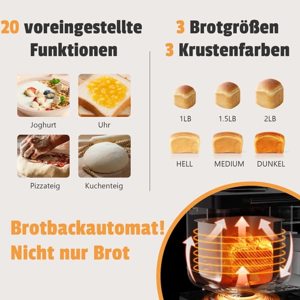 Brødmager, 20 Programmer, 15-Timers Timer, 2lb Kapacitet, Rustfrit Stål, Dimensioner 354x258x287mm