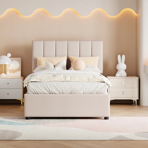 Polstret Seng, Opbevaringsfunktion, Nem Montering,Beige, 90 × 200cm
