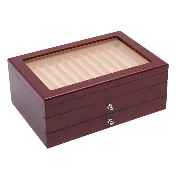 Pen Display Case, 34 Slots, Trækonstruktion, Fløjlforing, 3-lags Design, Hængslet Låg