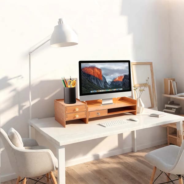Skærmstand, Pladsbesparende Design, Dobbelt Skuffeopbevaring,Træ
