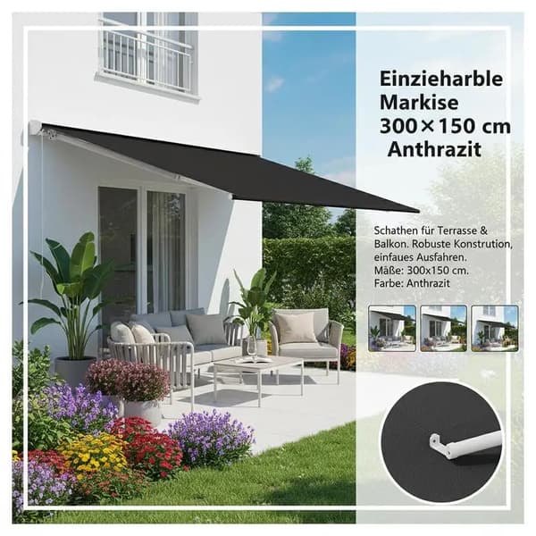 Utrækkelig Markise, PVC Materiale, Nem Installation,Anthracit