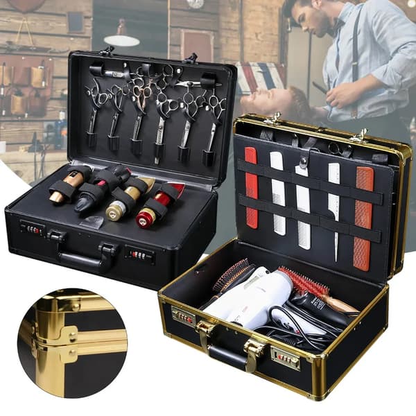 Barber Case, Bærbar Organizer, Holdbart Metal Design,M, Guld