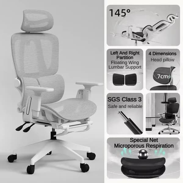 Kontorsstol, Ergonomisk Design, Justerbara Funktioner,Vit ram grå