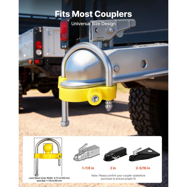Trailerkrogslås, Kompatibel med Flere Koblingsstørrelser, Holdbart Sikkerhedsdesign,Gul