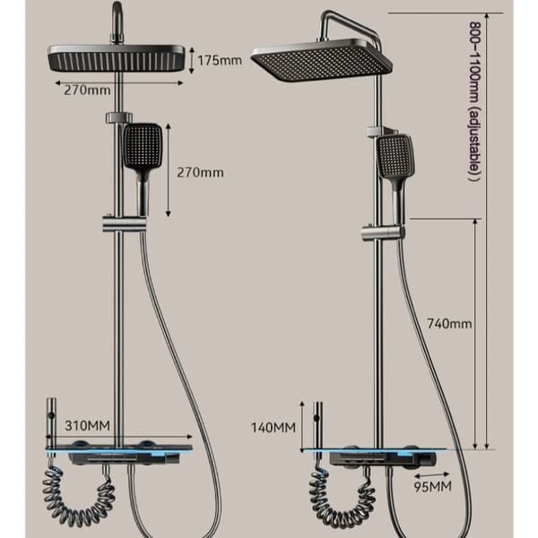 Duschset, LED-temperaturdisplay, justerbara funktioner,Kall Grå