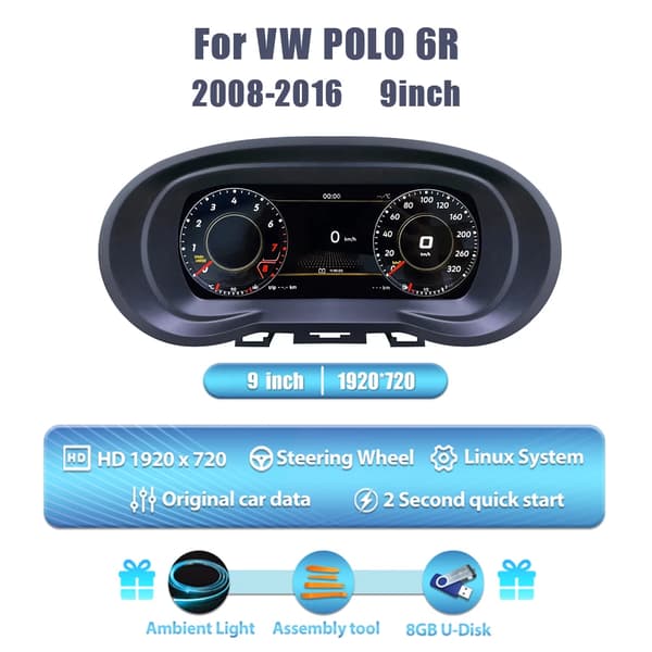Digital Dashboard Cluster, 12,3 Tommer Skærm, Flersproget Support,Til Polo 6R