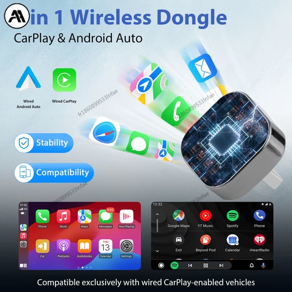 Trådløs CarPlay-adapter, Android Auto-kompatibilitet, 5GHz WiFi,sort