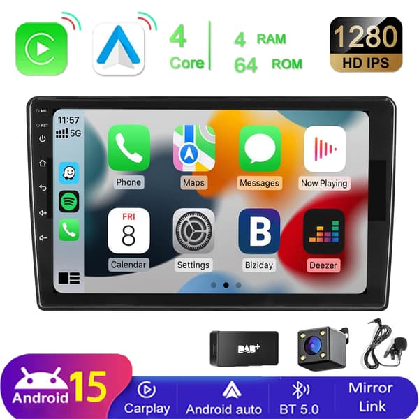 Bil Multimediaafspiller, Navigationssystem, Stemmestyring, kompatibel med Universal,4-64G-MIC-AHD-DAB, Quad Core
