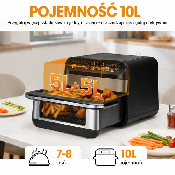 Luftfritös, 10L kapacitet, 2400W effekt, 80-200 °C temperaturintervall, dubbelkorgdesign, LED-display