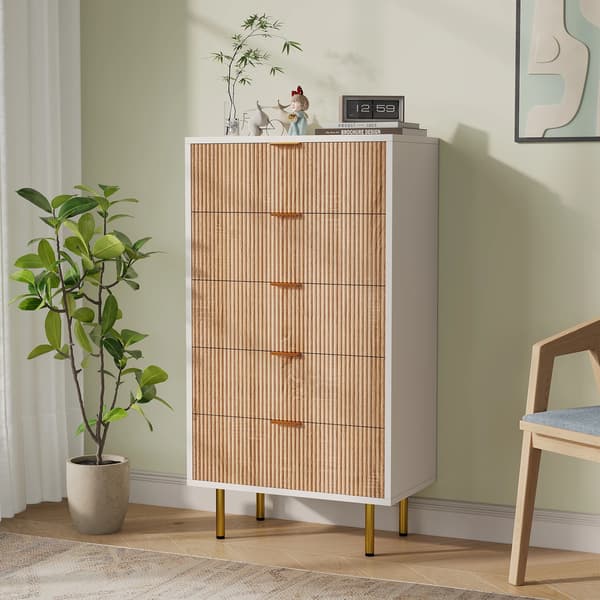 Kommode, 5 Skuffer Opbevaring, Moderne Minimalistisk Design,Hvid+Træfarve